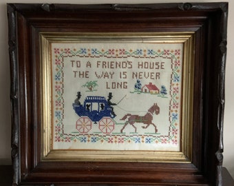 Vintage Framed Cross Stitch Needlepoint Wall Hanging Friendship Hospitality Gift for a Friend Wooden Frame Horse and Carriage