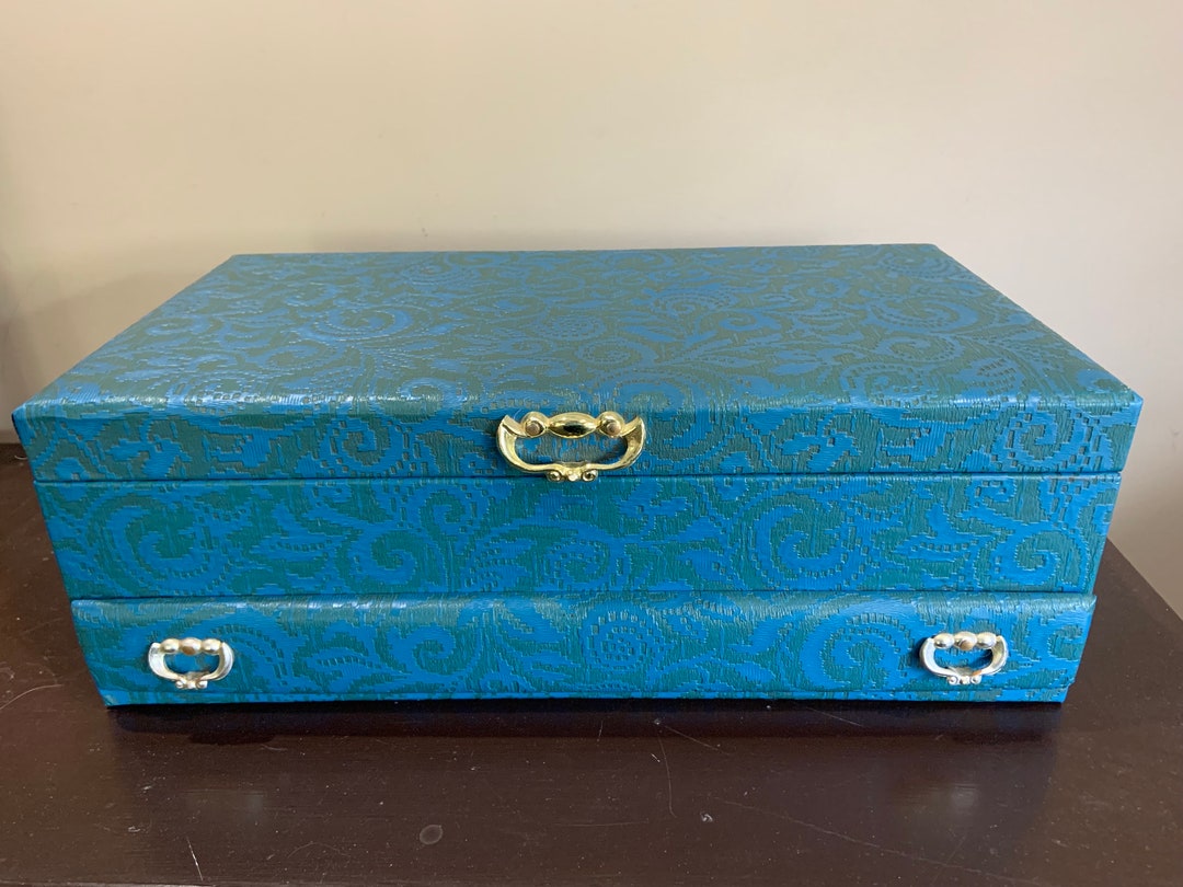 Vintage Large Buxton Jewelry Box Blue Velvet Interior Mid Etsy