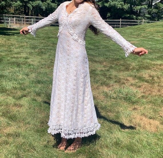 Vintage White Lace Fringe Gown: 1960s Bohemian Festival Dress - Etsy Vintage White Lace Fringe Gown: 1960s Bohemian Festival Dress - Etsy
