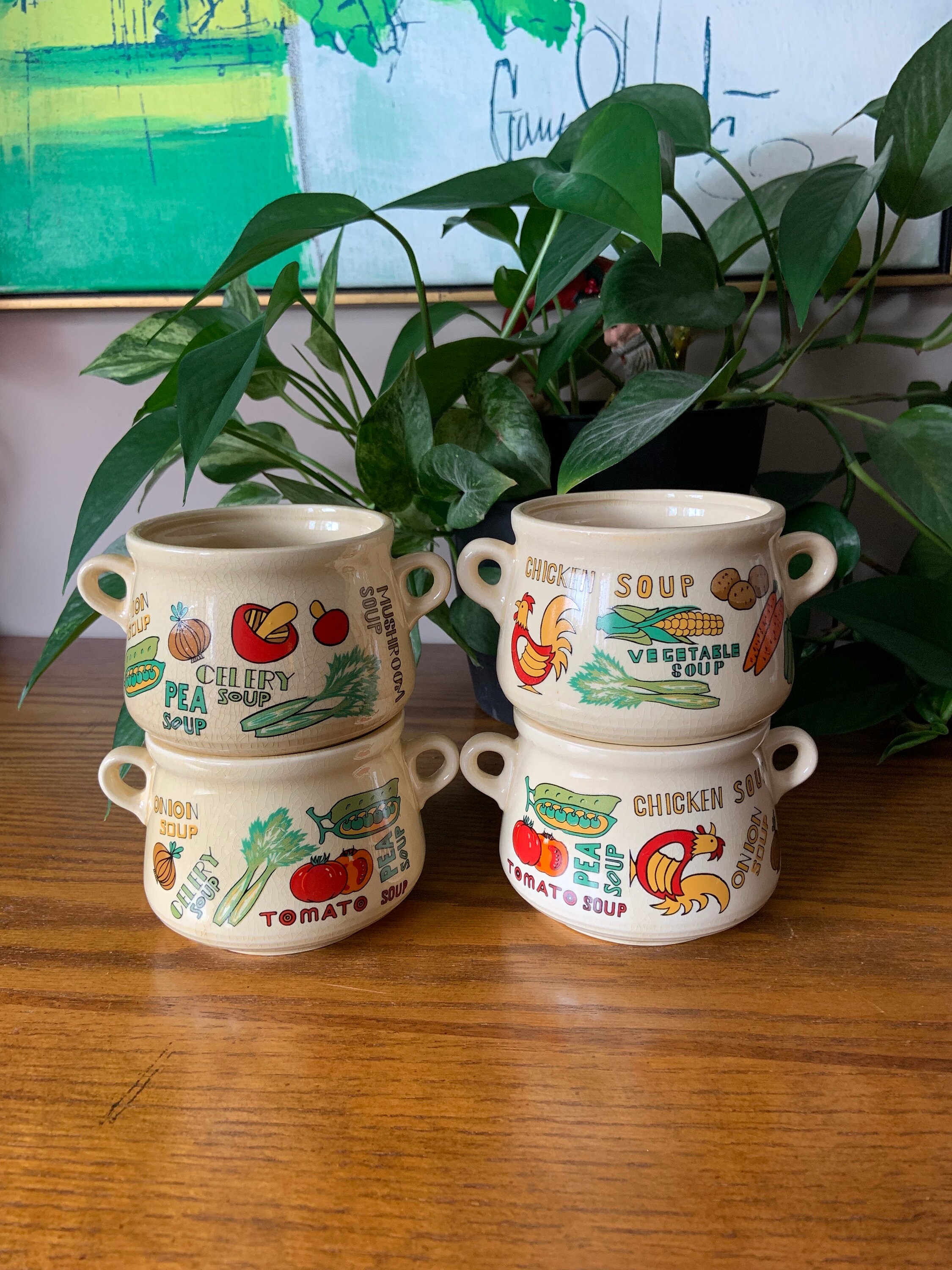 Vintage Soup Bowls Japan Soup Kettle bowls Set of 4 double handled soup bowls  Soup Crock