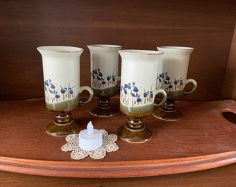 Set of 4 Otagiri Pottery Mug Set Stoneware Mug with Irises Footed Expresso Cup Irish Coffee Cup