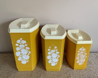 Vintage MCM Gold Canister Set Retro Mid Century Kitchen Hard Plastic Nesting Canisters with Lids Floral Canister Set