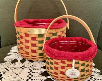 Longaberger Handmade Basket Set of 2 Gathering Baskets with Liners 2003 Christmas Baskets Caroling Basket Tree Trimming Basket