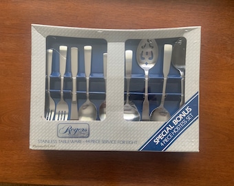 44 Piece Set Service For Eight Rogers Plymouth Cove Stainless Tableware NEW in BOX with Serving Pieces Rogers By Stanley Roberts