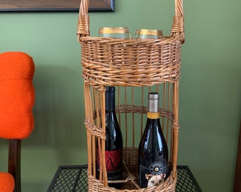 Vintage French Wicker Bottle Basket Tall Two Tier Basket with Handle Wine Bottle Carrier Bottle Holder