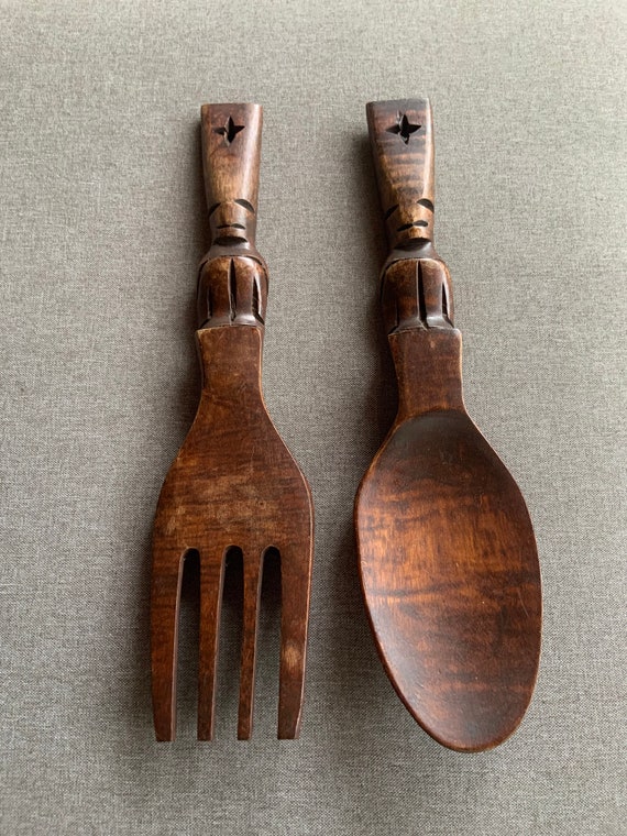 Vintage Tiki Fork and Spoon Kitchen Wood Wall Decor Salad Etsy