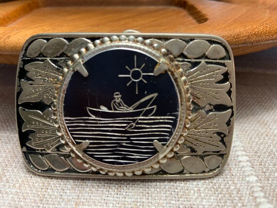 Vintage Belt Buckle Men's Silver 1970s Fishing Be… - image 1