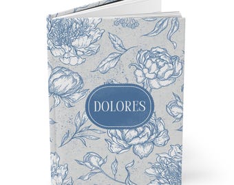 Blue Floral Hardcover Personalized Journal, Custom Name Notebook