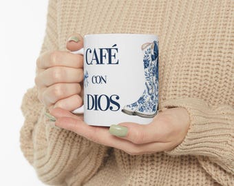 Café con Dios Cada Mañana Mug, Spanish Christian Coffee Cup, Blue Floral Cowgirl Boot Mug, Faith Gift for Women, Taza Cristiana