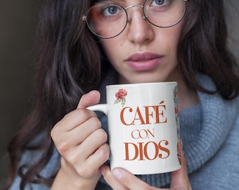 Café con Dios Cada Mañana Mug, Spanish Christian Coffee Cup, Dark Orange Floral Cowgirl Boot Mug, Faith Gift for Women, Taza Cristiana