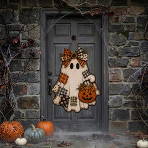 May include: A wooden ghost-shaped door hanger featuring a large plaid bow at the top and a small jack-o'-lantern basket filled with autumn foliage. The ghost has patches of various plaid and floral patterns and two black oval eyes.