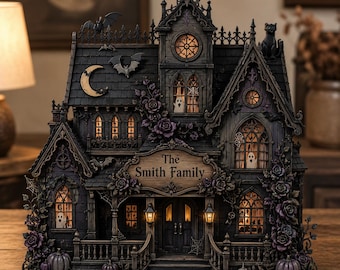 Personalized Halloween Haunted House 2D Flat Acrylic Plaque, Spooky Gothic Home Decor, Custom Family Name Sign, Miniature Creepy Cottage