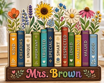 Personalized Flowers Book Teacher Classroom Wooden Block, Floral Teacher Desk Decor, Custom Teacher Name,Appreciation Gift, Wildflower