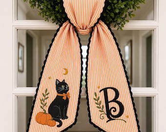 Custom Embroidered Pumpkin Cat Halloween Wreath Sash, Personalized Monogram Gingham Ribbon Bow, Spooky Front Door Decor, Fall Gift