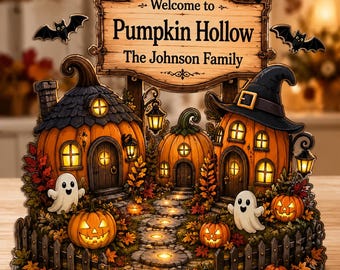 Custom Halloween Pumpkin Hollow Wooden Block, Personalized Fall Decor Table, Pumpkin Village Shelf Sitter, Spooky Halloween Sign