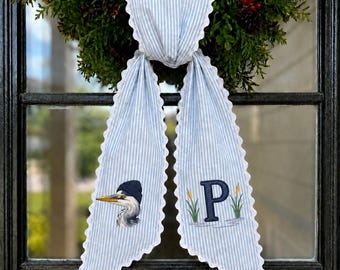 Personalized Heron Wreath Sash, Blue Stripe Monogram Wreath Bow, Coastal Farmhouse Front Door Decor, Custom Initial Housewarming Gift
