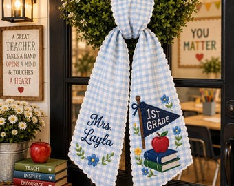 Personalized 1st Grade Teacher Wreath Sash, Embroidered Blue Gingham Door Bow, Custom Name Classroom Decor, Back to School