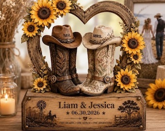 Personalized Western Wedding Cowboy Boots 2D Flat Wooden Block, Cowboy Mr And Mrs Decor, Rustic Bridal Shower Gift, Couple Gift, Newlywed