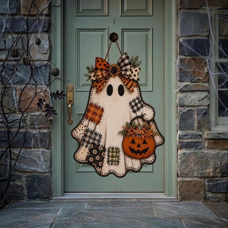 May include: A wooden ghost-shaped door hanger featuring a large patterned bow at the top, black oval eyes, and a hand holding an orange jack-o'-lantern filled with autumn foliage. The ghost body is decorated with various fabric-style patches.