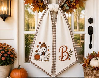 Thanksgiving Wreath Sash, Personalized Pumpkin Monogram Door Sash, Reading Ghost Embroidered Fall Wreath Bow, Autumn Door Decor, Spooky Bow