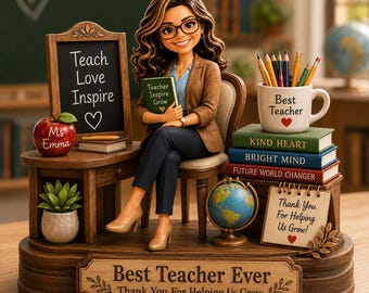 Custom Teacher Figurine 2D Flat Wooden Block Desk, Personalized Face Keepsake, Thank You Gift for Mentor, Appreciation Gift for Coach