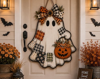 Patchwork Ghost Door Hanger, Rustic Halloween Fall Decor Sign, Whimsical Ghost Front Door Wreath, Autumn Outdoor Welcome Sign