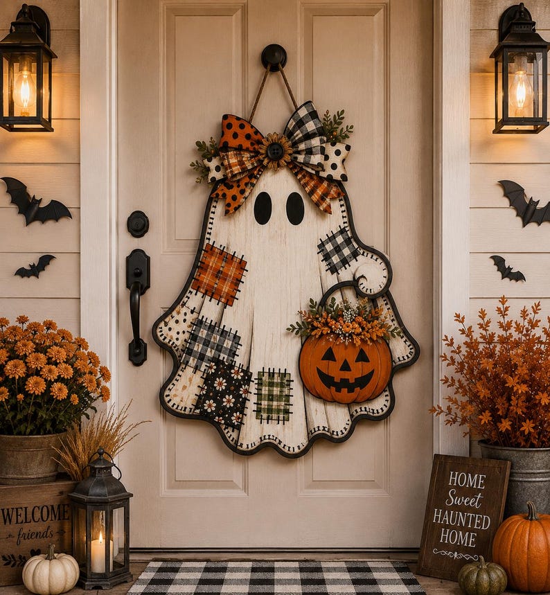 May include: A ghost-shaped wooden door hanger featuring a white distressed finish, patchwork fabric accents in orange and black patterns, a large decorative bow, and a jack-o'-lantern bucket filled with small orange flowers and greenery.