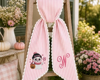 Personalized Halloween Wreath Sash, Pink Striped Ghost Embroidered Bow, Custom Monogram Front Door Decor, Spooky Fall Wreath Door Gift