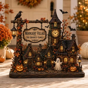 May include: A decorative Halloween village display featuring a sign that reads Moonlight Village The Bennett Family. The scene includes a clock tower, illuminated windows, a ghost figure, carved pumpkins, and a black crow perched on a post.