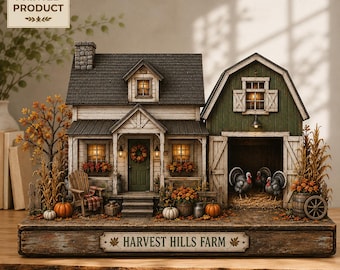 Custom Harvest Farmhouse 2D FLAT Wooden Block Decor, Autumn Barn Shelf Sitter, Fall Farm Scene Display, Rustic Thanksgiving Home Decor