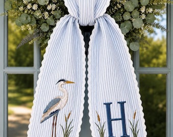 Personalized Blue Heron Wreath Sash, Custom Embroidered Light Blue Seersucker Door Bow, Coastal Front Porch Decor Gift