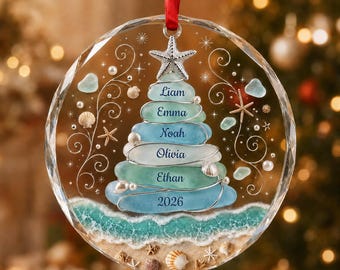 Personalized Family Sea Glass Christmas Tree Ornament, Coastal Beach Heart Glass Ornament, Grandchildren Family Keepsake Gift 2026