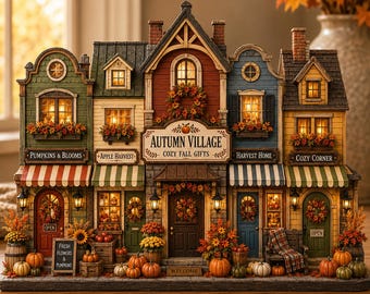 Custom Autumn Village Wooden Block, Fall Farmhouse Shelf Sitter, Pumpkin Cottage Table Decor, Cozy Harvest Home Gift, Fall Vibes