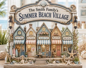 Custom Summer Beach Village 2D Flat Wooden Block, Personalized Family Name Sign, Seaside Cottage Town Decor, Coastal Home Keepsake Gift