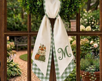 Personalized Fall Wreath Sash, Embroidered Pumpkin Monogram Wreath Scarf, Green Gingham Autumn Door Decor, Thanksgiving Gift for Home