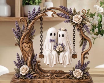 Personalized Ghost Couple Wedding Cake Topper 2D Flat Acrylic Plaque, Custom Anniversary Gift, Whimsical Tree Decor, Halloween Decor