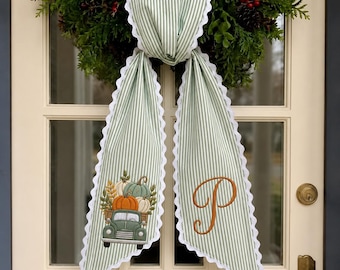 Monogram Fall Wreath Sash, Embroidered Pumpkin Door Decor, Striped Autumn Sash, Personalized Thanksgiving Front Door Ribbon
