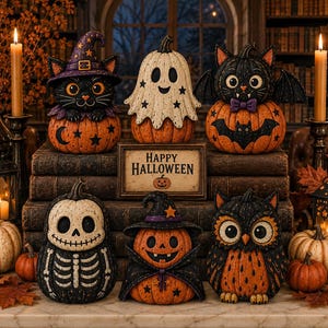 Halloween Pumpkin Wooden Block Decor, Spooky Shelf Sitter Set, Ghost Owl Skeleton Rustic Tabletop Sign, Fall Mantel Gift