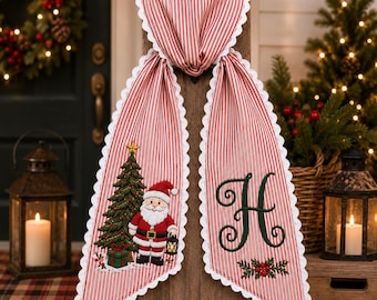 Personalized Santa Christmas Wreath Sash, Custom Embroidered Monogram Red Stripe Door Bow, Holiday Front Door Decor Gift