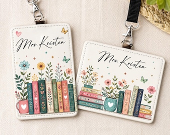 Personalized Vintage Books Leather ID Card Holder, Teacher Lanyard Accessories, Teacher Appreciation, Custom Name Librarian Gifts
