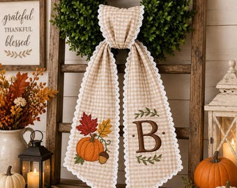 Embroidered Pumpkin Fall Wreath Sash | Custom Monogram Ric Rac Bow | Thanksgiving Initial Ribbon | Autumn Front Door Decor