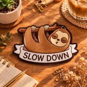May include: Embroidered patch featuring a cartoon sloth hanging from a branch. The sloth is brown with a cream-colored face and closed eyes. A banner below reads "SLOW DOWN" in white letters. The patch has a brown border.
