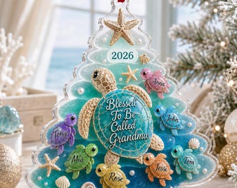 Personalized Grandma Sea Turtle Ornament, Custom Grandkids Names Christmas Gift, Coastal Family Acrylic Ornament, Grandma Gift 2026
