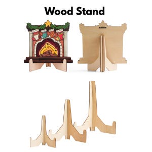 May include: A wooden stand set featuring a decorative fireplace cutout with four colourful stockings and a fire, alongside plain light-coloured wooden display stands of varying heights. The text Wood Stand is displayed at the top of the image.