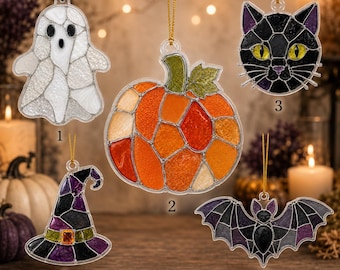 Ozdoba na Halloween z akrylu w niestandardowym kształcie, niestandardowy kolor, duch, dynia, czarny kot, kapelusz czarownicy, nietoperz, styl witrażu, dekoracja na Halloween