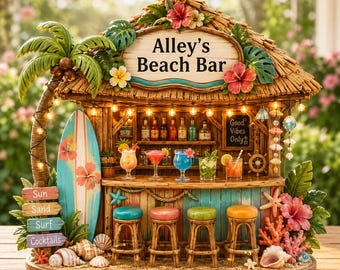 Personalized Beach Bar 2D Flat Wooden Block, Custom Tropical Tiki Bar Shelf Decor, Coastal Cocktail Hut Sign, Summer Ocean Gift, Beach Lover