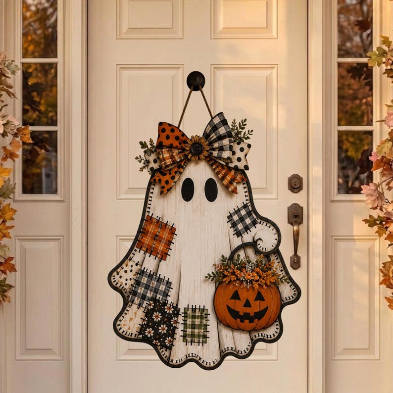 May include: A white ghost-shaped wooden door hanger featuring a large bow with orange, black, and white patterns. The ghost has black oval eyes, several fabric-like patches in plaid and floral prints, and holds a carved orange jack-o'-lantern.