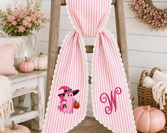 Personalized Pink Halloween Wreath Sash, Embroidered Witch Ghost Monogram Bow, Custom Front Door Decor, Spooky Fall Porch Decoration