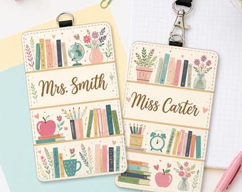 Personalized Cottagecore Bookshelf Leather ID Card Holder, Librarian Gifts, Teacher Lanyard Accessories, Custom Name Teacher Appreciation