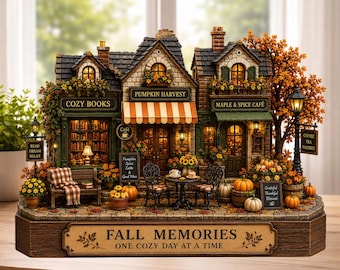 Autumn Village 2D Flat Wooden Block, Cozy Books and Cafe Sign, Fall Tiered Tray Decor Home,Rustic Pumpkin Harvest Display,Autumn Streetscape